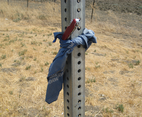 Kerchief tying Swiss Army Knife to a signpost